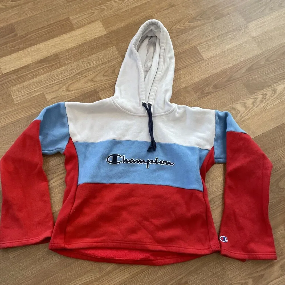 Vintage Y2K Champion Reverse Weave Color Block Cropped Hoodie Sweatshirt Size M - Picture 2 of 12